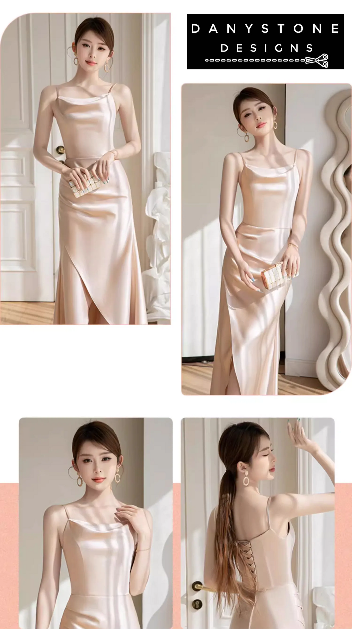 Long champagne bridesmaid dress with chic design