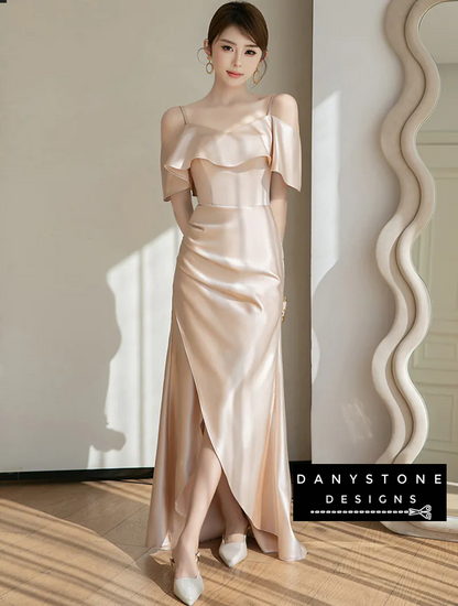 Model wearing champagne satin formal gown