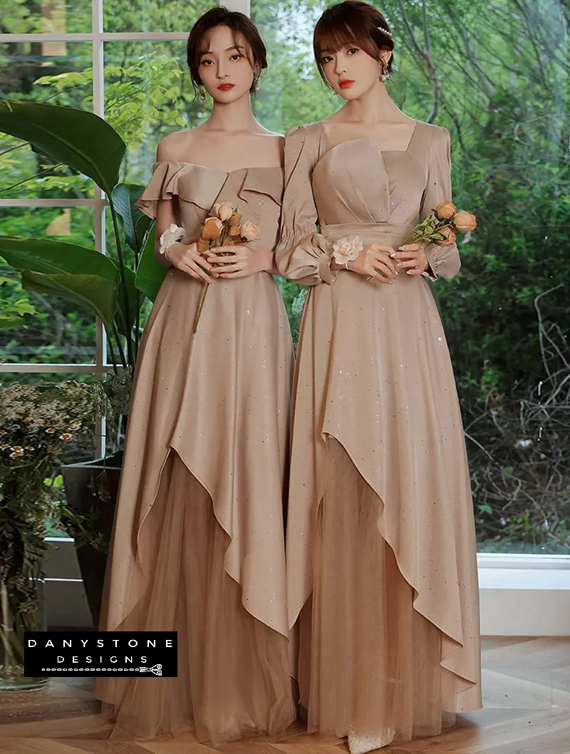 Chic khaki irregular hem bridesmaid dress front view