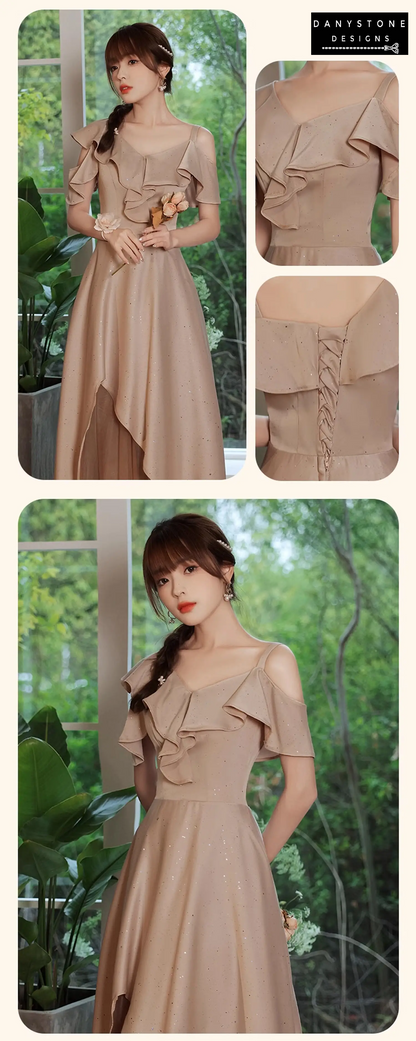 Elegant khaki formal gown on model