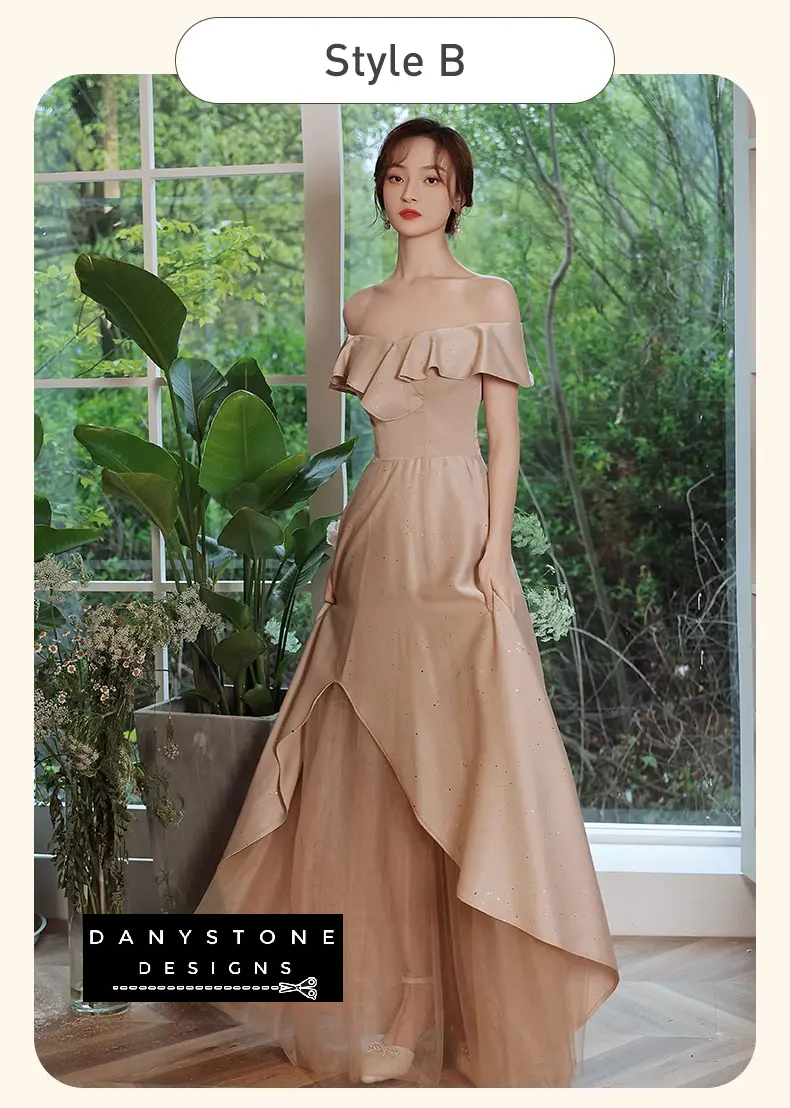 Side profile of khaki bridesmaid dress