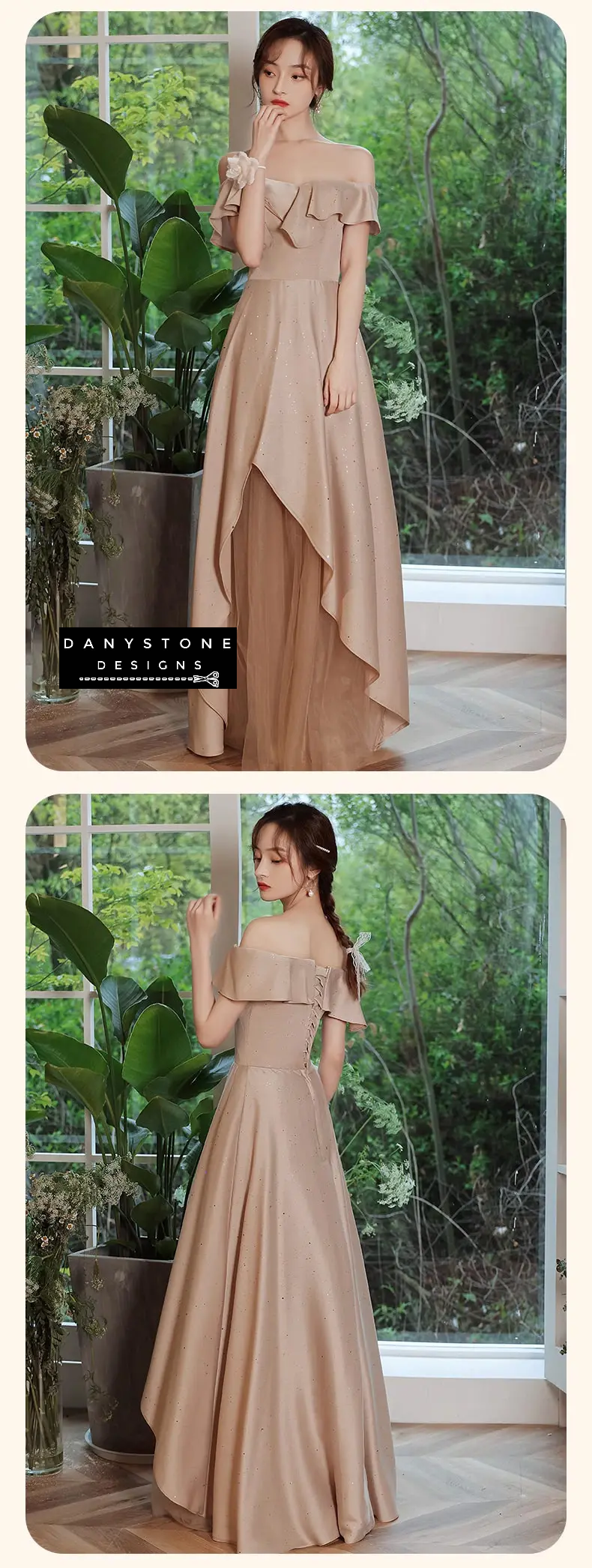 Model posing in khaki irregular hem gown