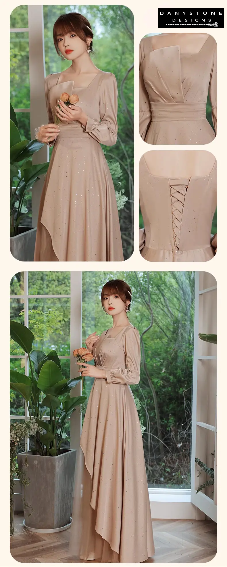 Khaki party dress with classic elegance