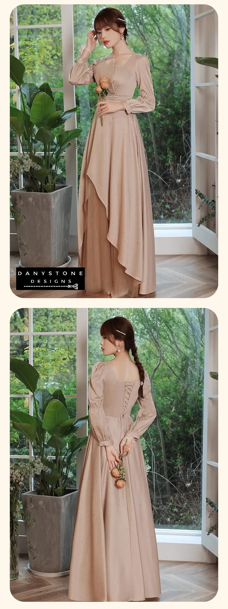 Chic khaki irregular hem bridesmaid dress front view