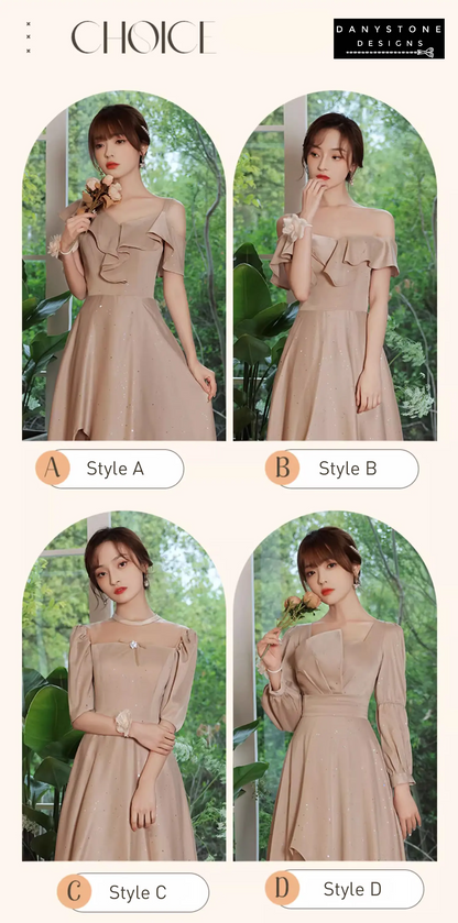 Full-length view of khaki bridesmaid party dress