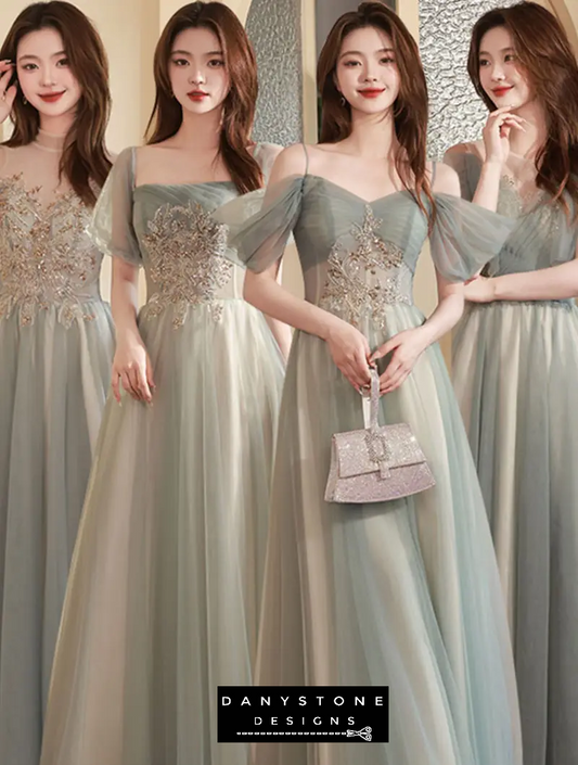 Elegant green A-line long dress front view