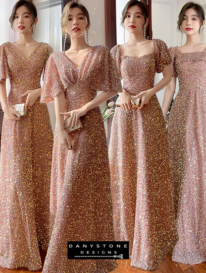 Model wearing sequin embellished bridesmaid maxi dress