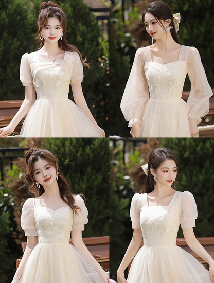 Beautiful Champagne Chiffon Bridesmaid Dress close-up of square neckwith short puff sleeves