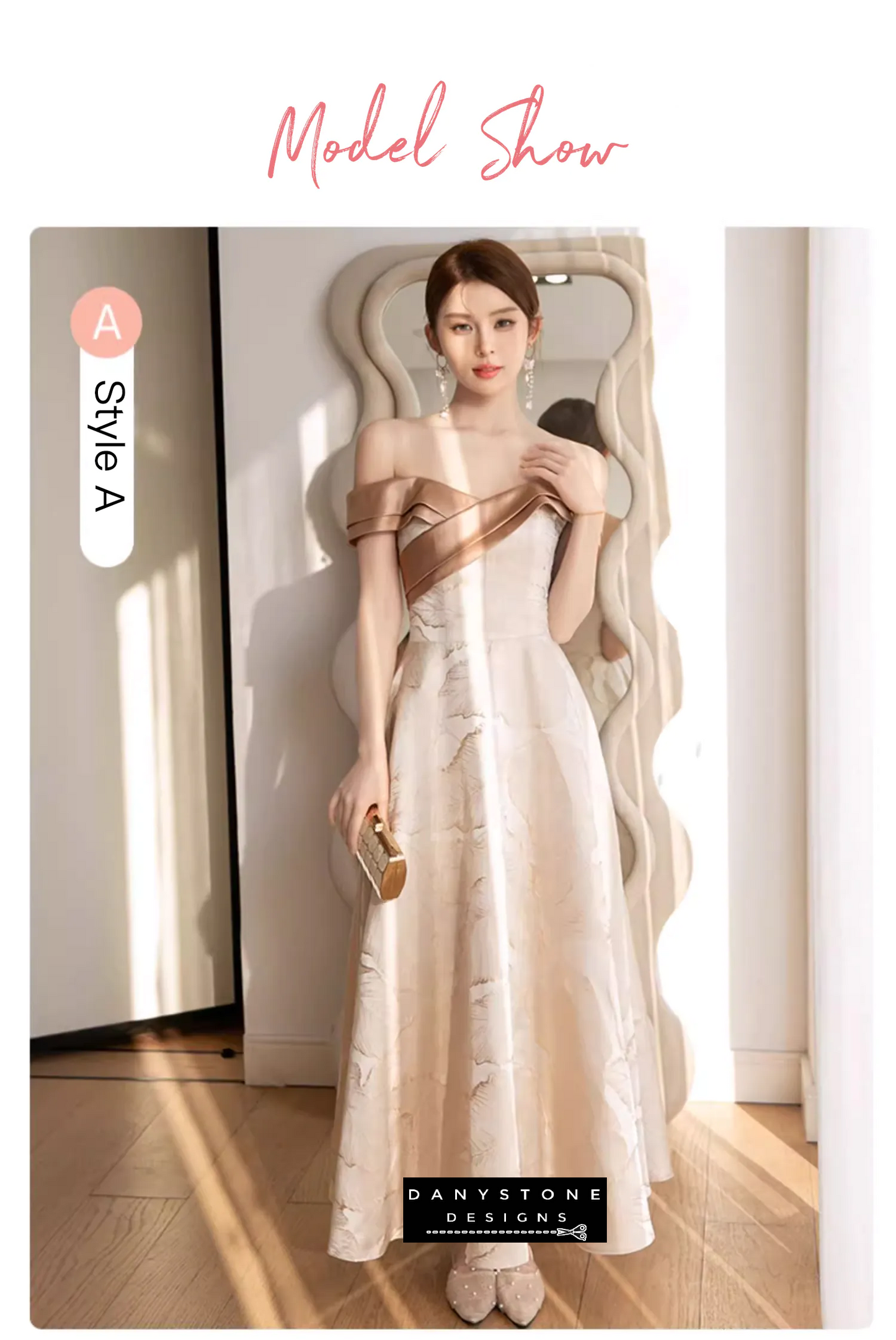 Full-length view of A-line satin prom dress