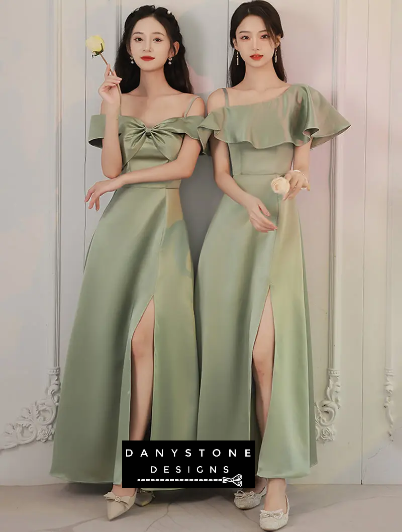 Models wearing fashion green satin boho bridesmaid dresses