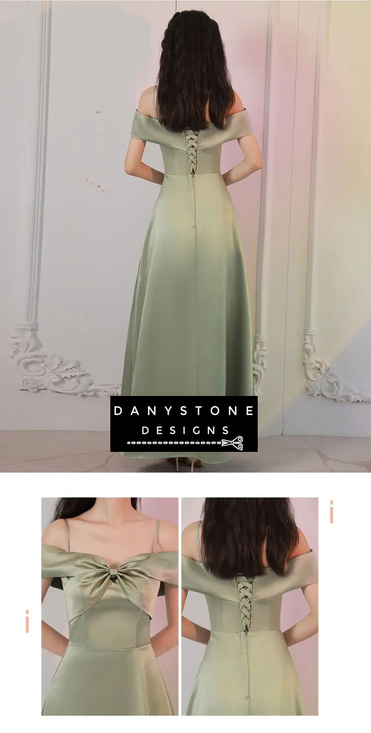 Green satin dress with off-the-shoulder style