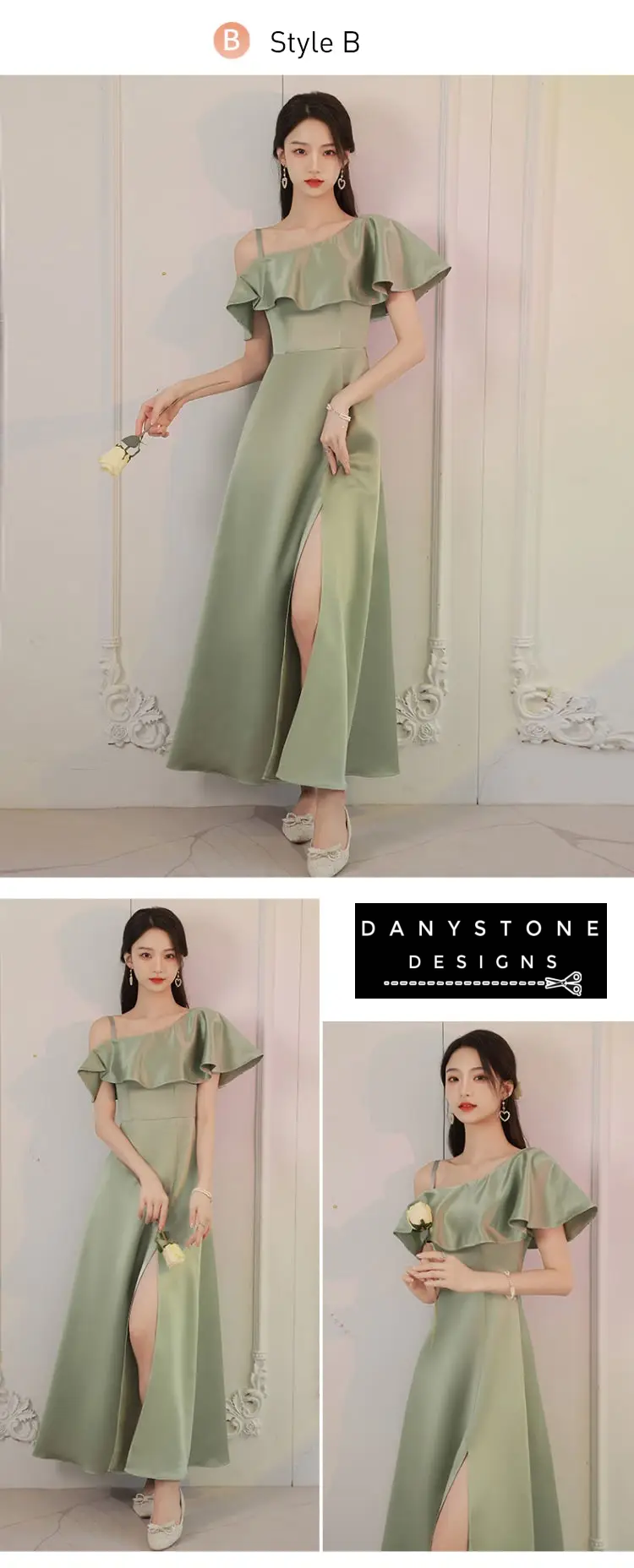 Front view of elegant green satin bridesmaid dress