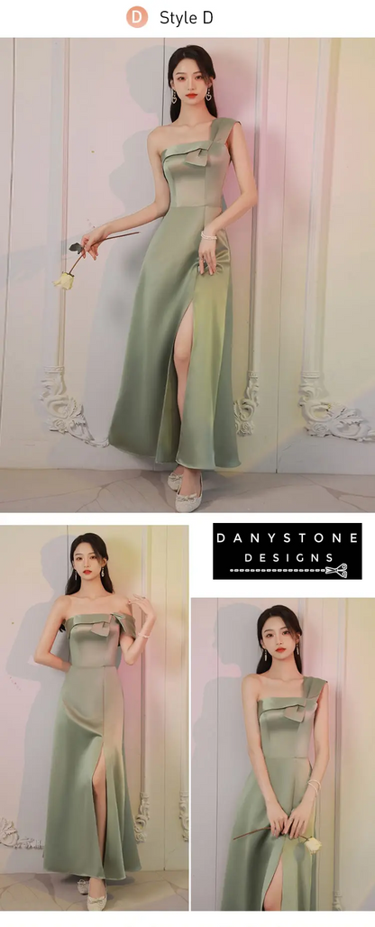 Model twirling in green satin boho bridesmaid dress