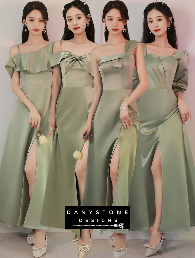 Green satin bridesmaid dress with one-shoulder design