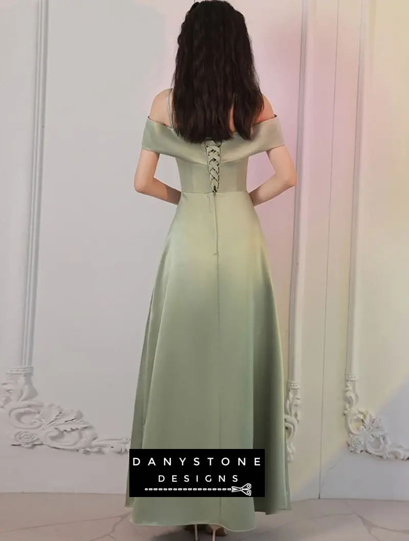 Back view of elegant green satin bridesmaid dress