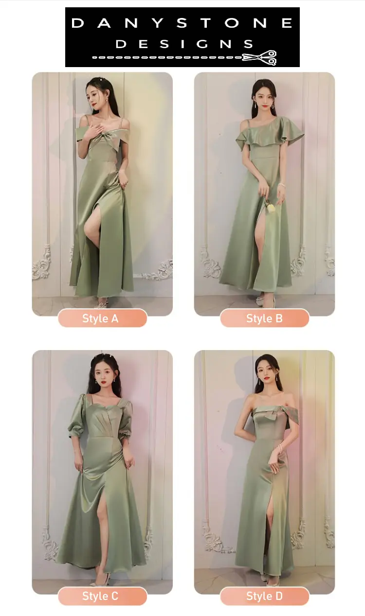 Full-length view of fashion green satin bridesmaid dress