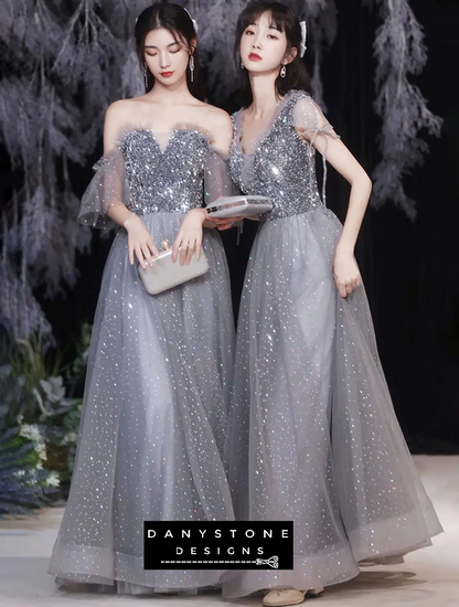 Models wearing fairy A-line grey chiffon bridesmaid dresses