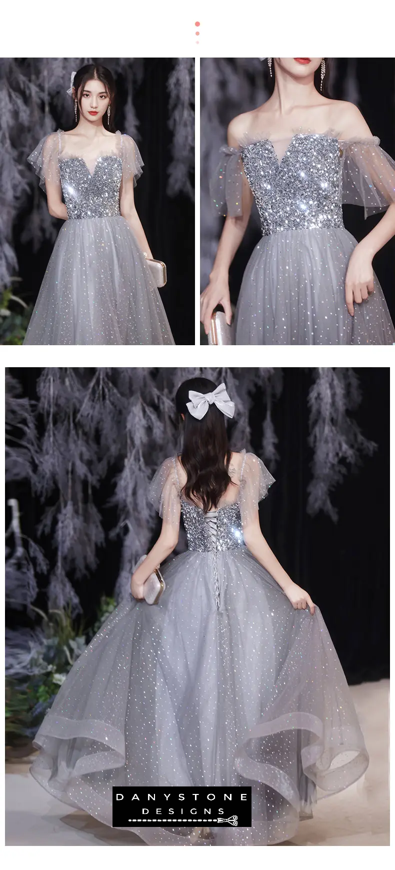 Back view of elegant grey chiffon bridesmaid dress