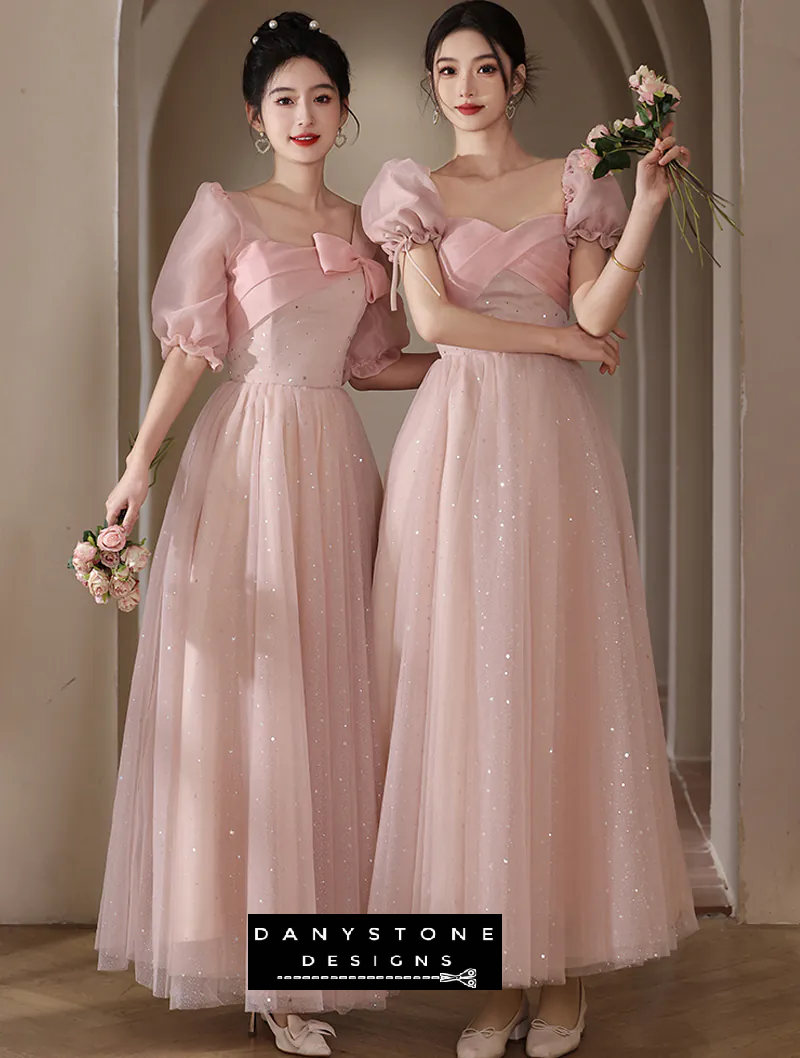 Enchanting Pink Bridesmaid Dress with puff sleeves