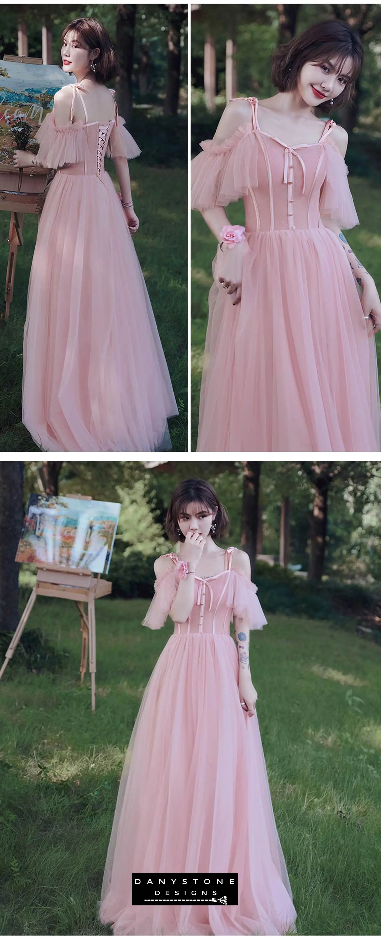 Model holding flower in pink tulle prom dress