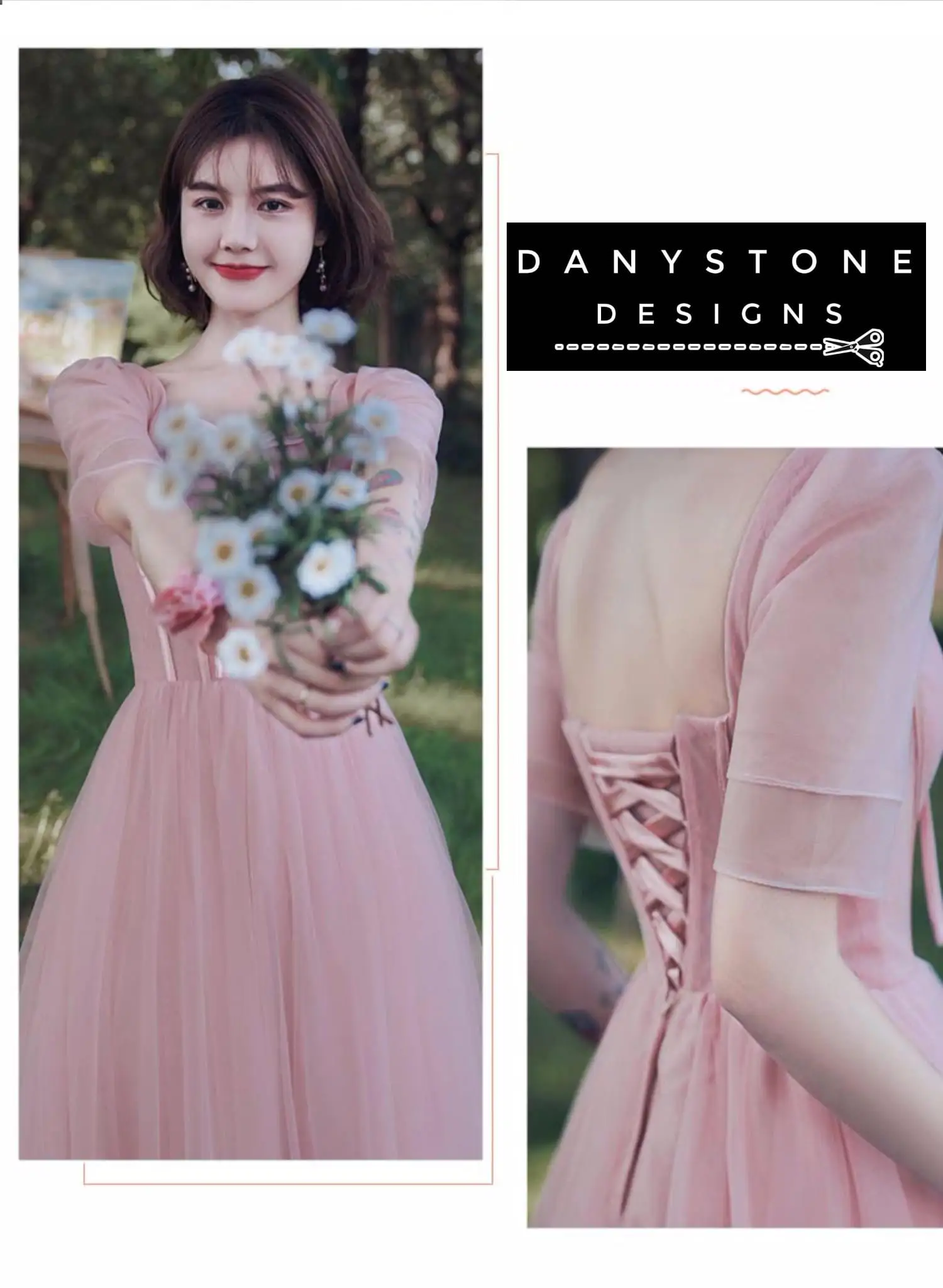 Full-length view of feminine pink tulle prom dress