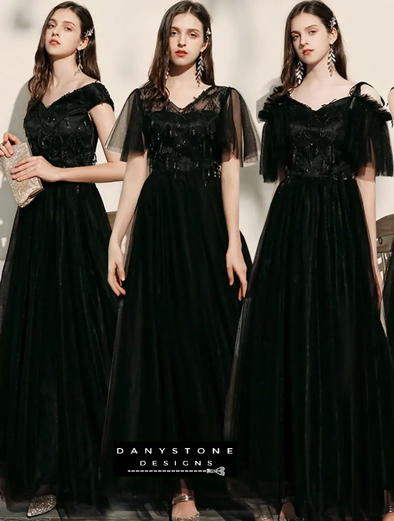 Elegant black chiffon bridesmaid dress front view