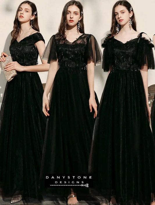 Elegant black chiffon bridesmaid dress front view