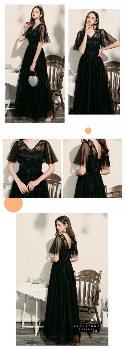 Black chiffon formal gown flowing skirt