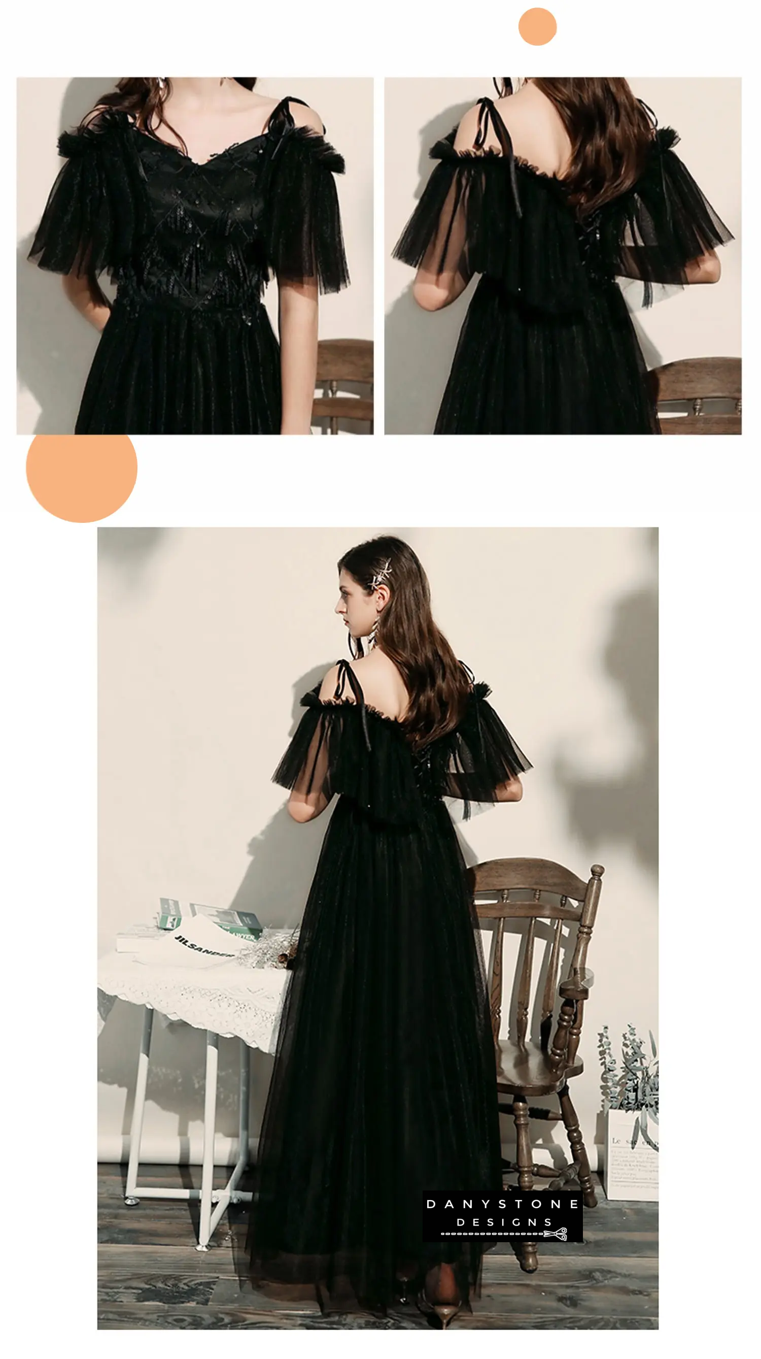 Model posing in black chiffon bridesmaid gown