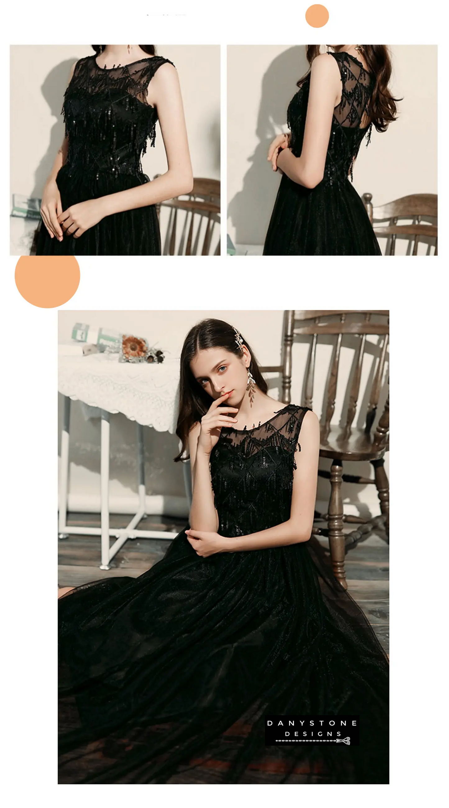 Full view of model in black chiffon dress