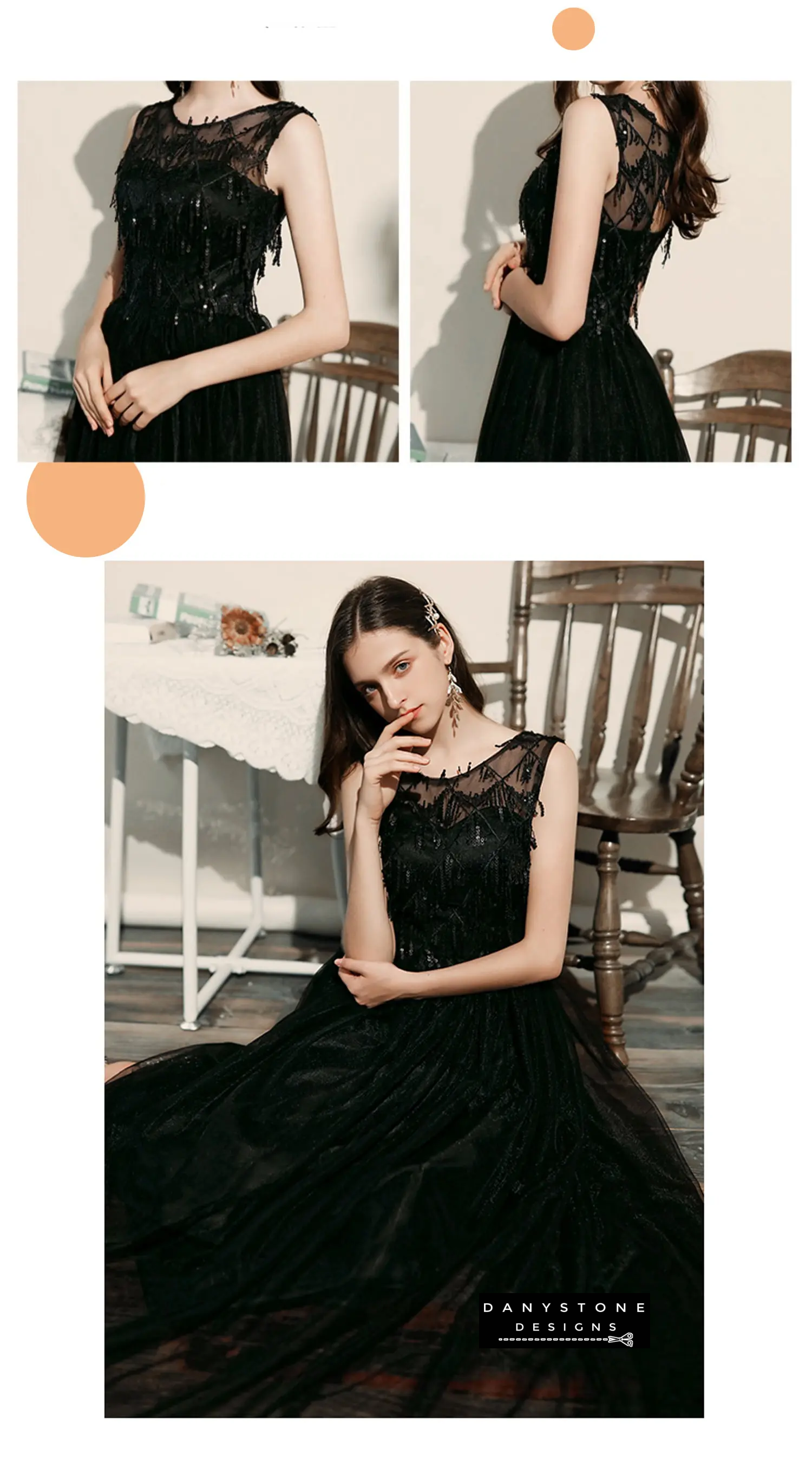 Full view of model in black chiffon dress