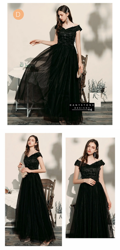 Black chiffon gown perfect for weddings