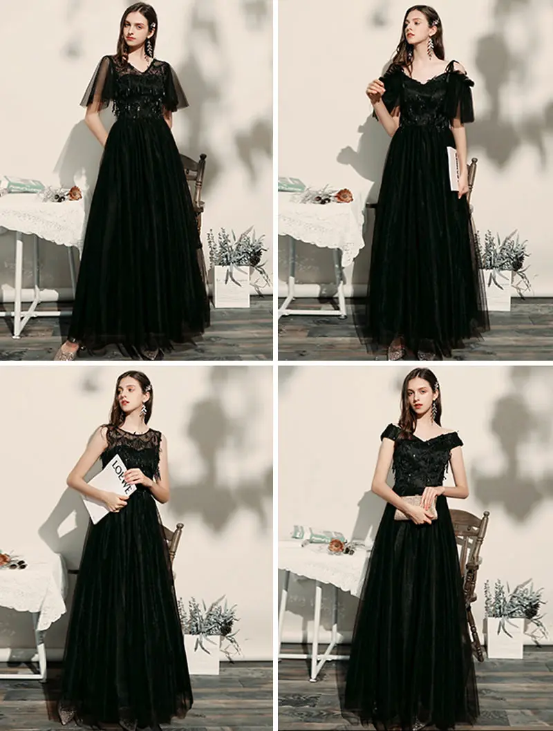 Full-length view of black chiffon formal dress