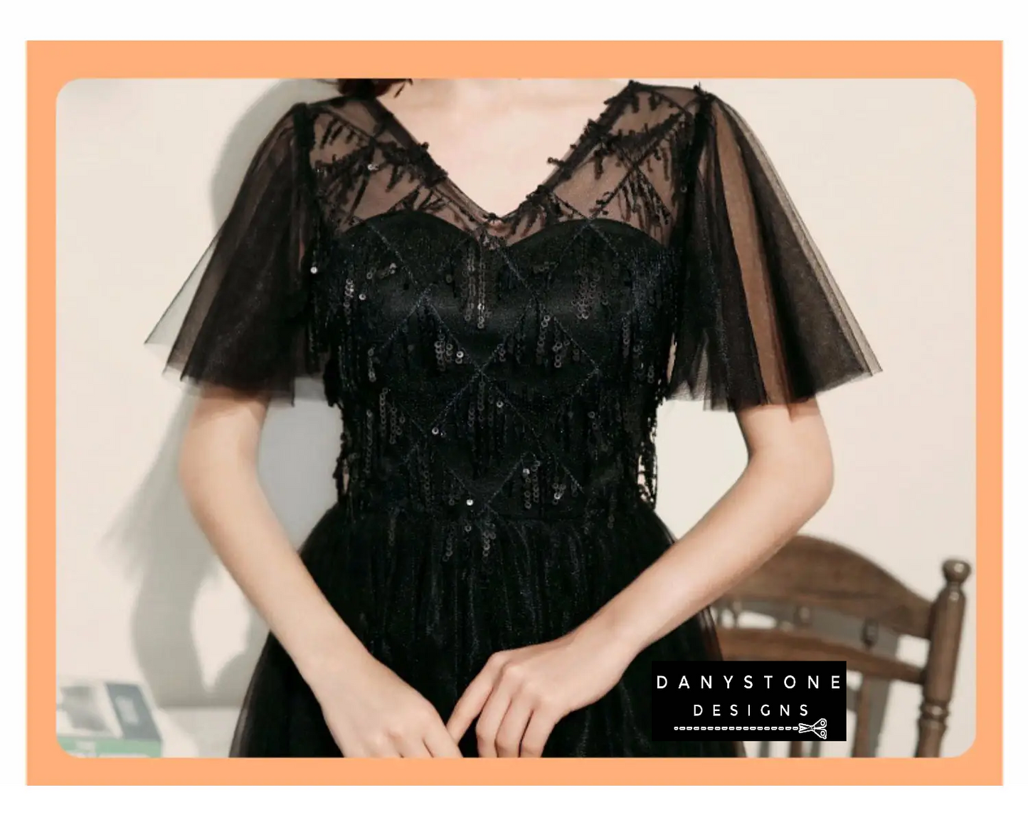 Black chiffon dress with delicate lace design