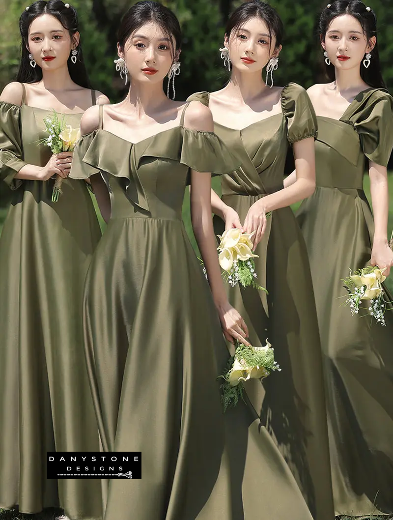 Elegant green satin dress with off-the-shoulder design