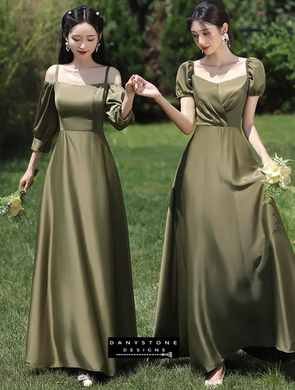 Side view of elegant green satin dress