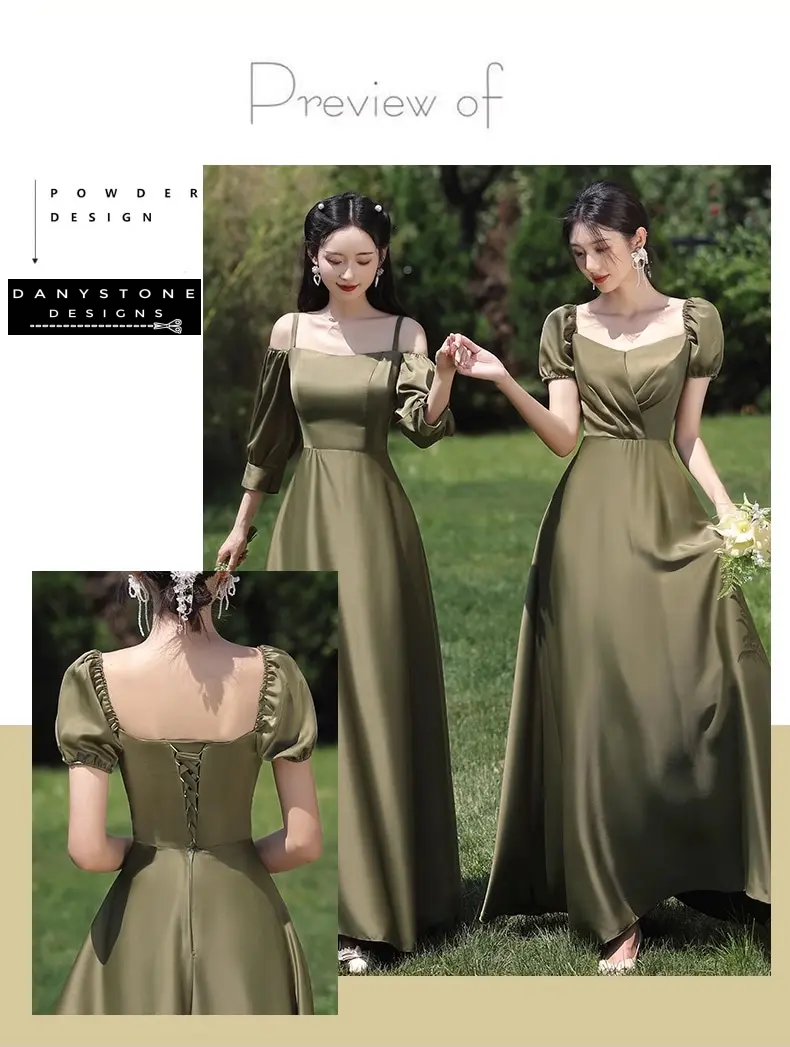 Full-length view of green satin bridesmaid dress