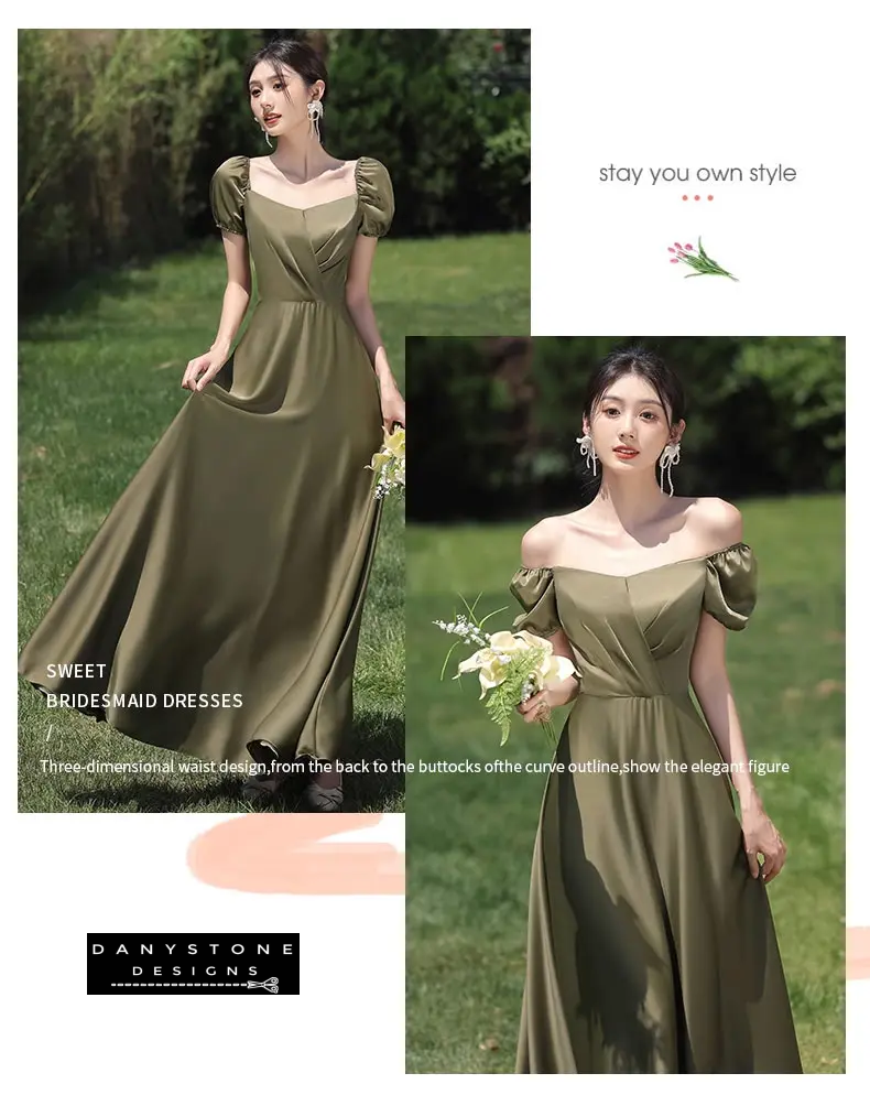 Green satin dress with delicate shoulder design