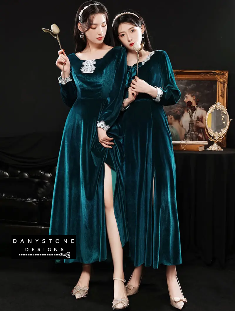 Fashion peacock blue velvet evening dress front view