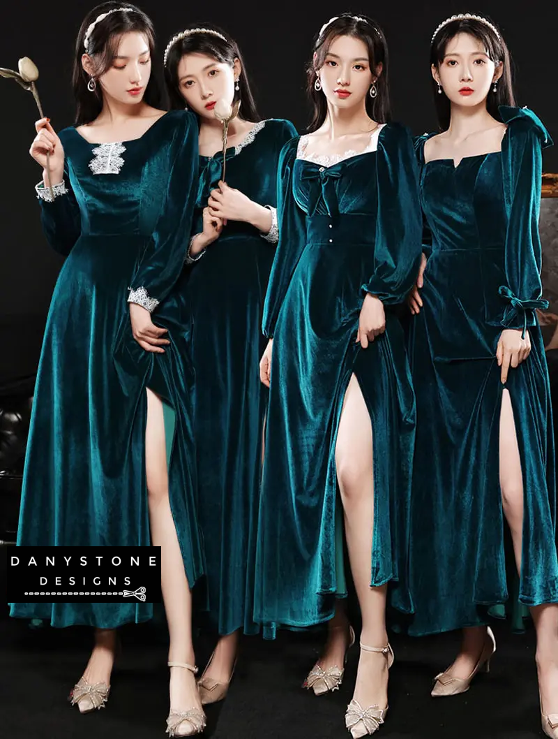 Model wearing peacock blue velvet gown