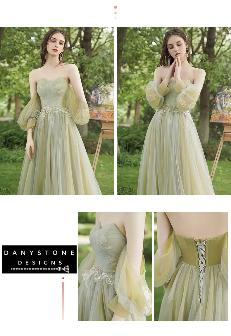 Green formal gown with flowing skirt