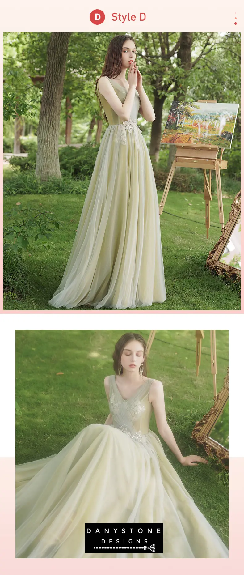 Model posing in green bridesmaid gown