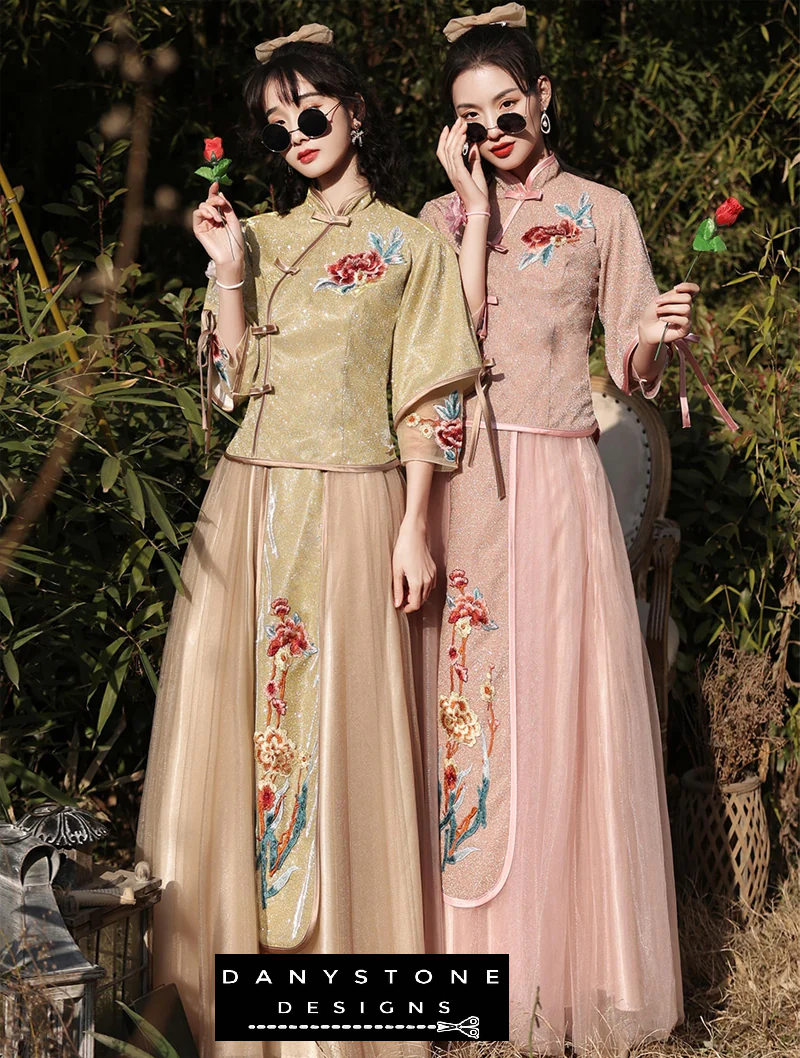 "Close-up of the floral embroidery on the Chinese style bridesmaid dress"