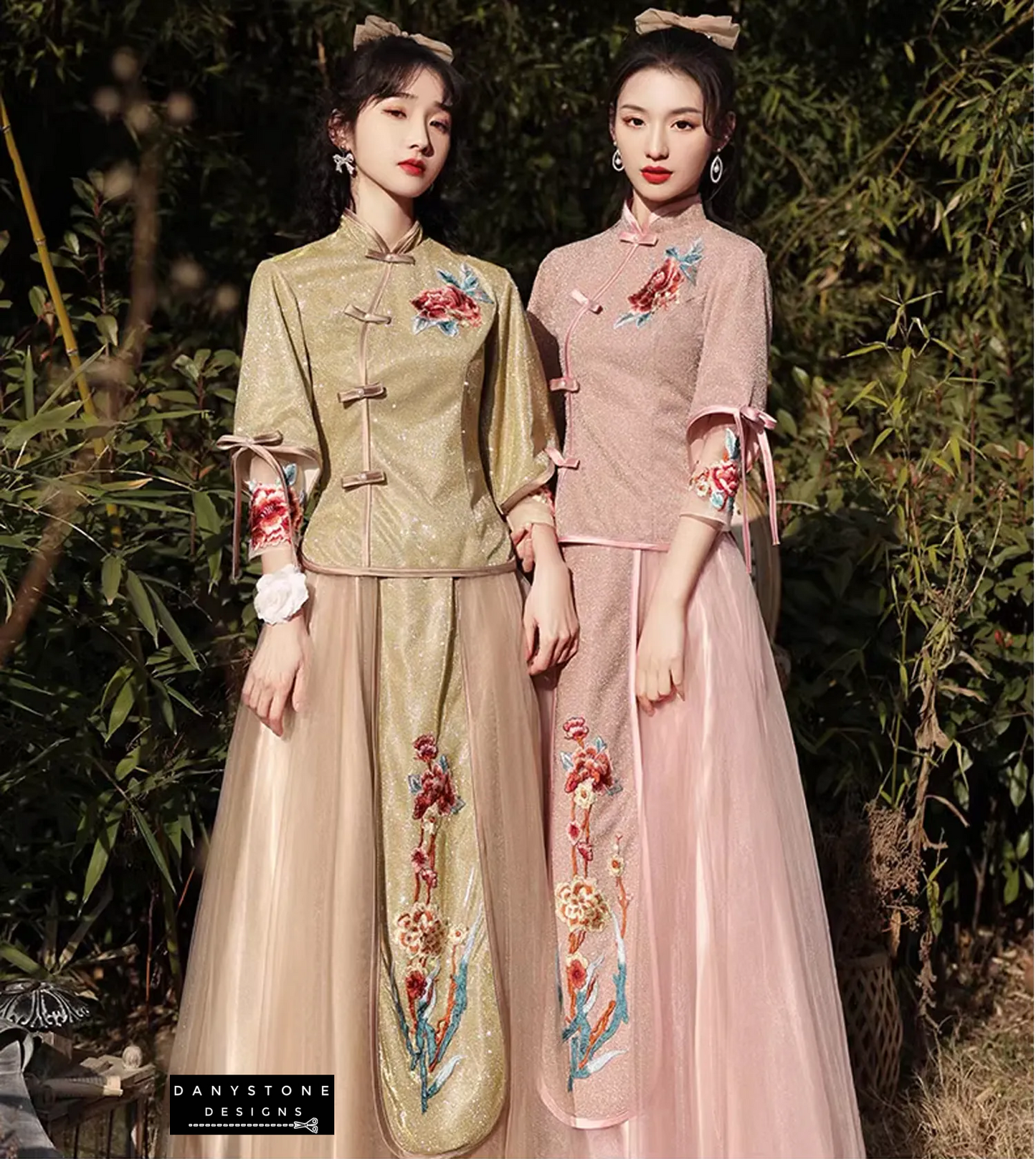 "Close-up of the collar and sleeve details on the Chinese Aesthetic dress"