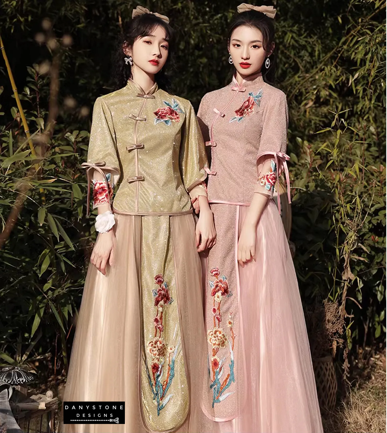 "Close-up of the collar and sleeve details on the Chinese Aesthetic dress"