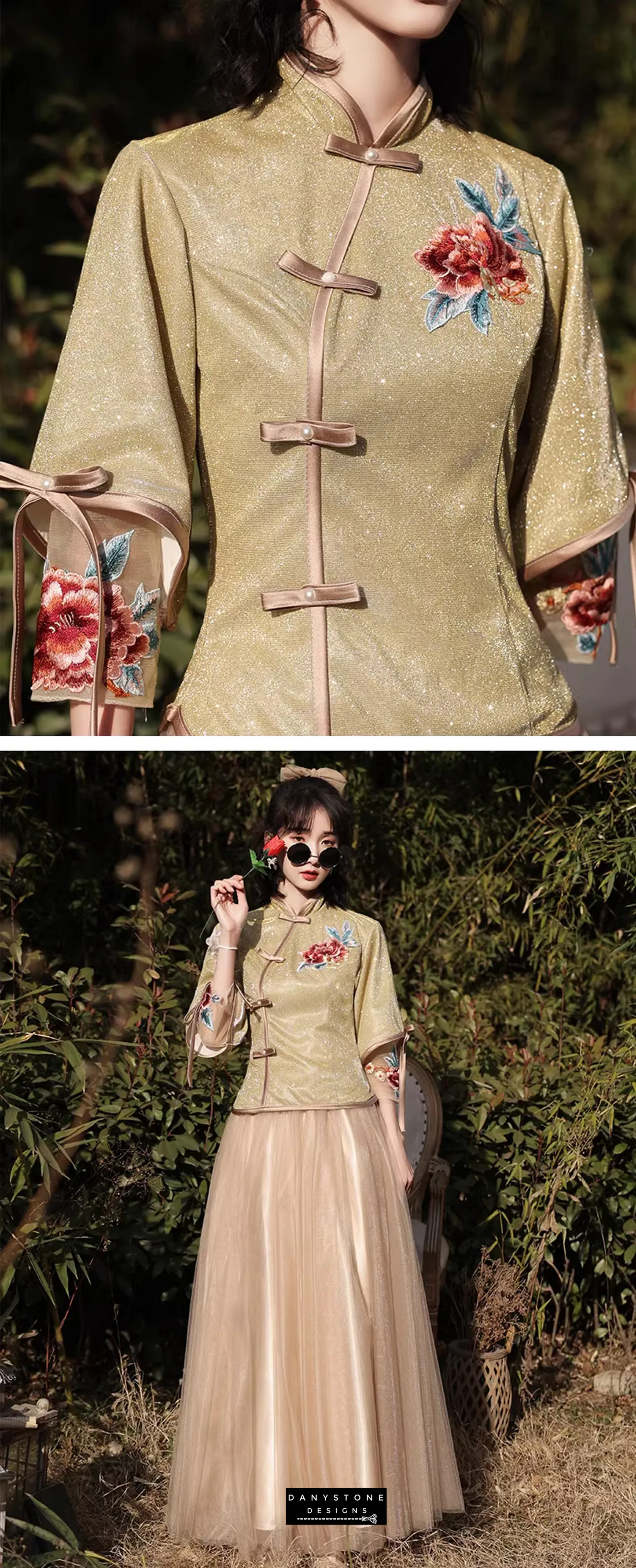 "Model posing gracefully in the embroidered Chinese style party dress"