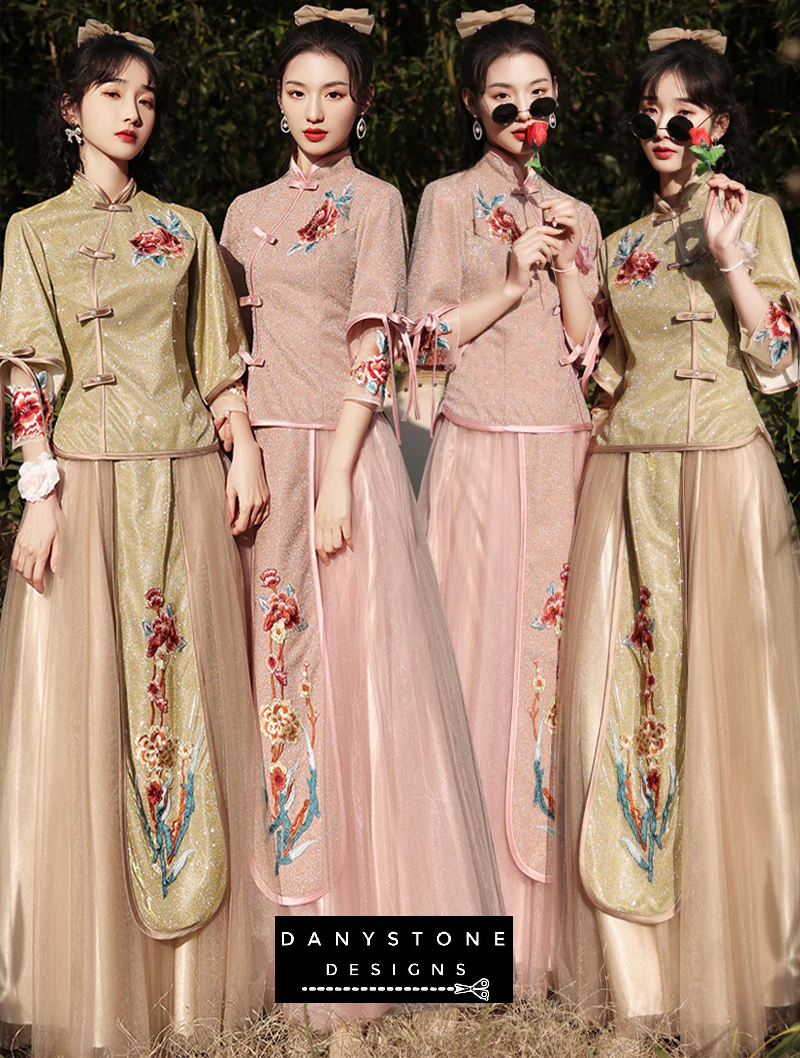 "Four models wearing Chinese Aesthetic Wedding Guest Embroidery Bridesmaid Party Dress"