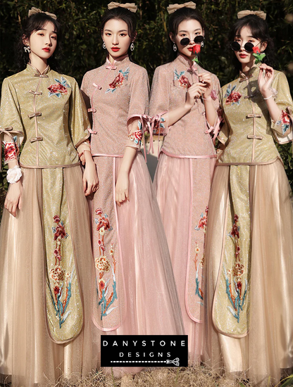 "Four models wearing Chinese Aesthetic Wedding Guest Embroidery Bridesmaid Party Dress"