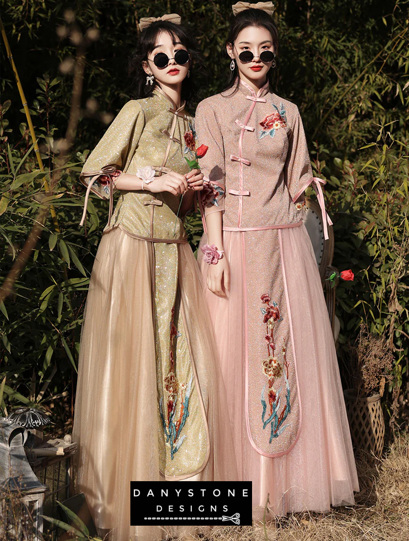 "Side view of the models in the embroidered Chinese style party dresses"