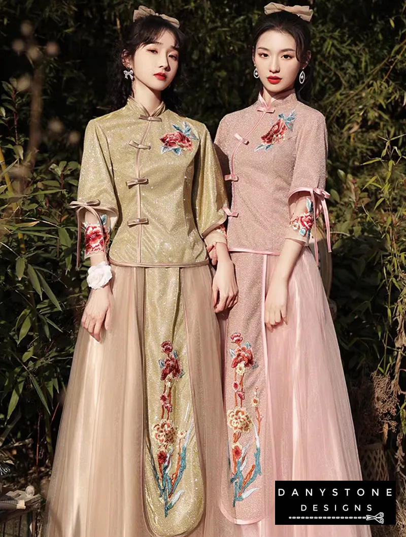 "Full-length view of the Chinese Aesthetic Wedding Guest Embroidery Bridesmaid Dress"